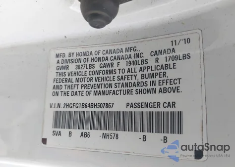 2011 Honda Civic Lx из США, поврежденный, VIN 2HGFG1B64BH507867